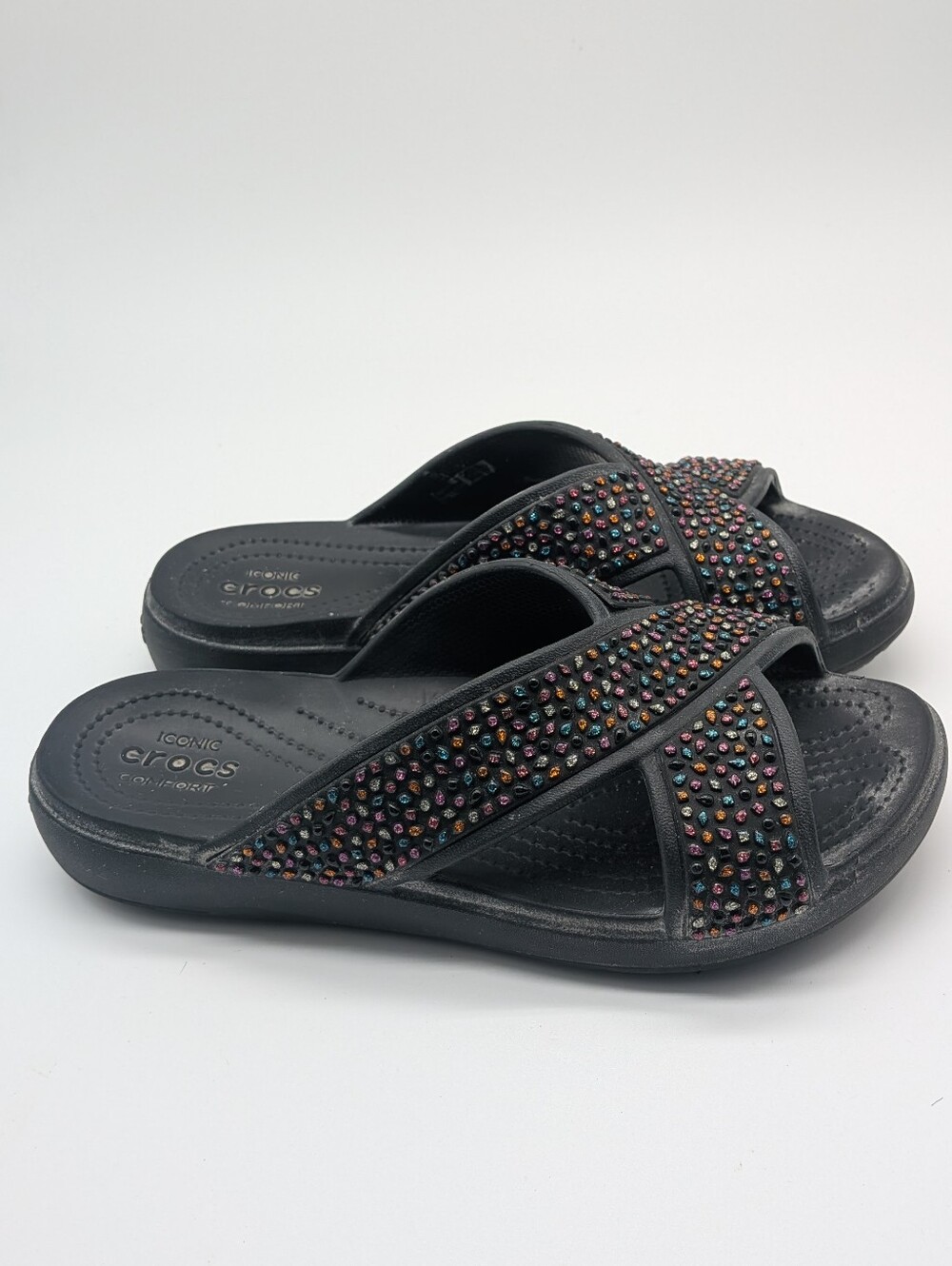 Crocs Women's Sloane Embellished X-Strap Slide Sandals Black Size 9